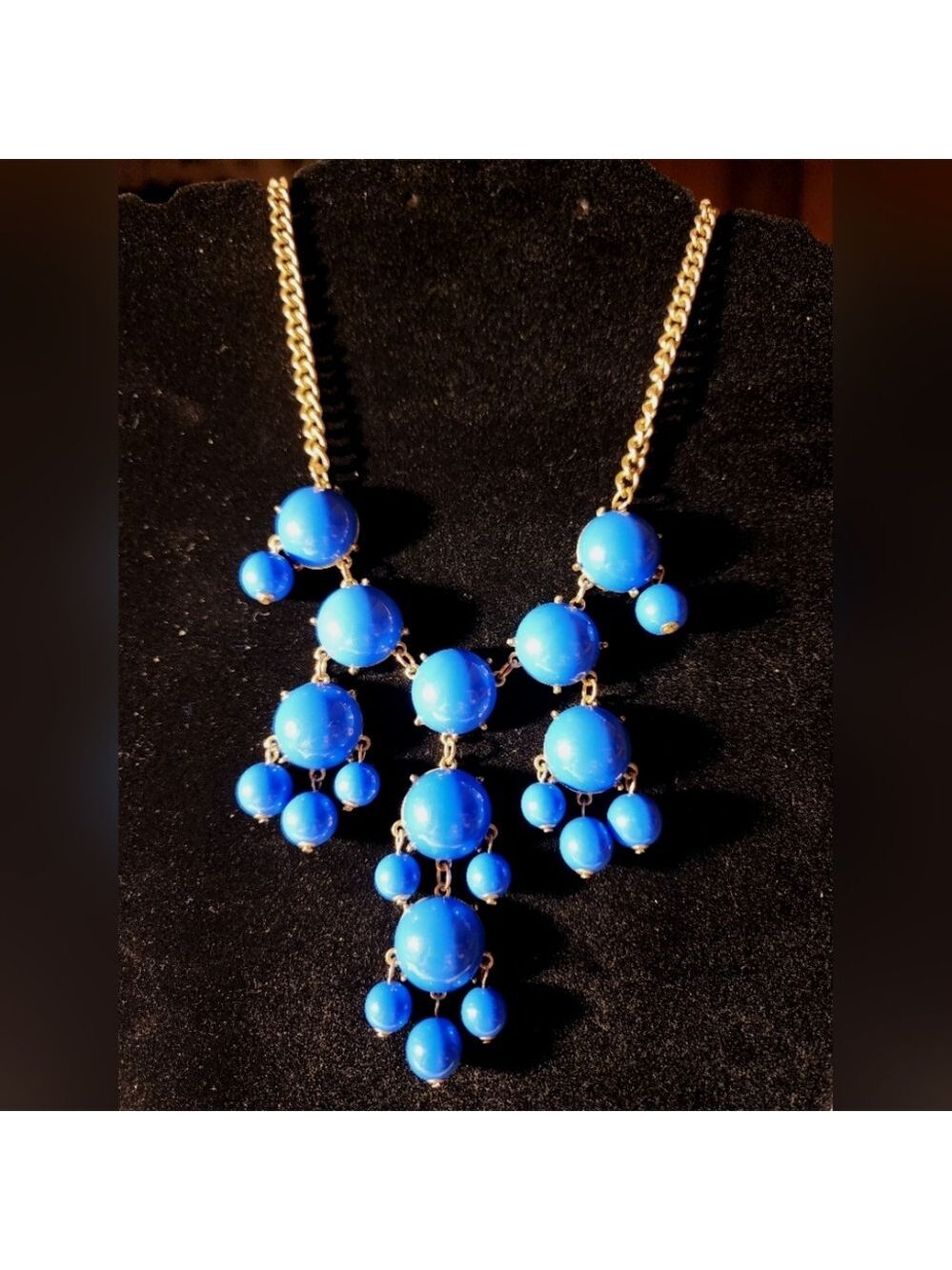 Bold Retro Blue Bauble Statement Necklace on Gold Tone Chain